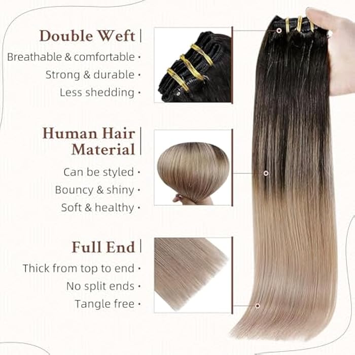ECIF Blonde Extensions 14 Inch Clip in Hair Extensions Human Hair Color 1B Off Black Fading to 18 Ash Blonde 120 Gram Human Hair Extensions 7Pcs Clip in Human Hair for Women - Image 3